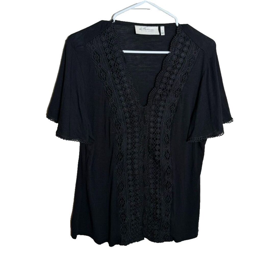 La Bellum Hillary Scott Blouse Women's Medium V-Neck Short Sleeve Lace Boho Top